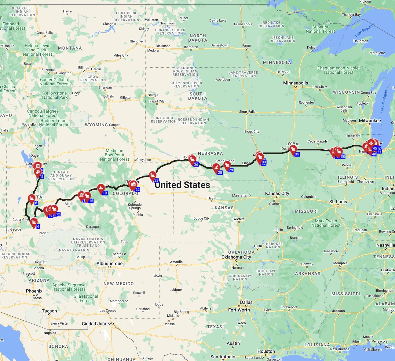motorhome trip planner USA from Salt Lake City to Chicago RV route plan